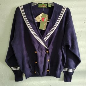Vintage Navy and White Lightweight Sweater Sailor Brass Buttons Medium V Neck